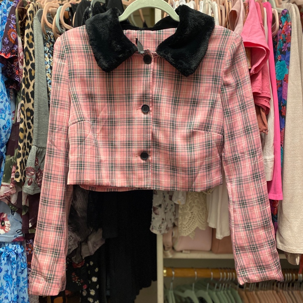 SHEIN Pink Plaid Cropped Jacket